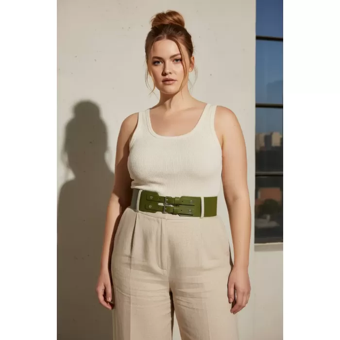 Büyük Beden Haki Kadın Kemer, Geniş Formlu Çift Tokalı Kombin Tamamlayıcı - APFT1203