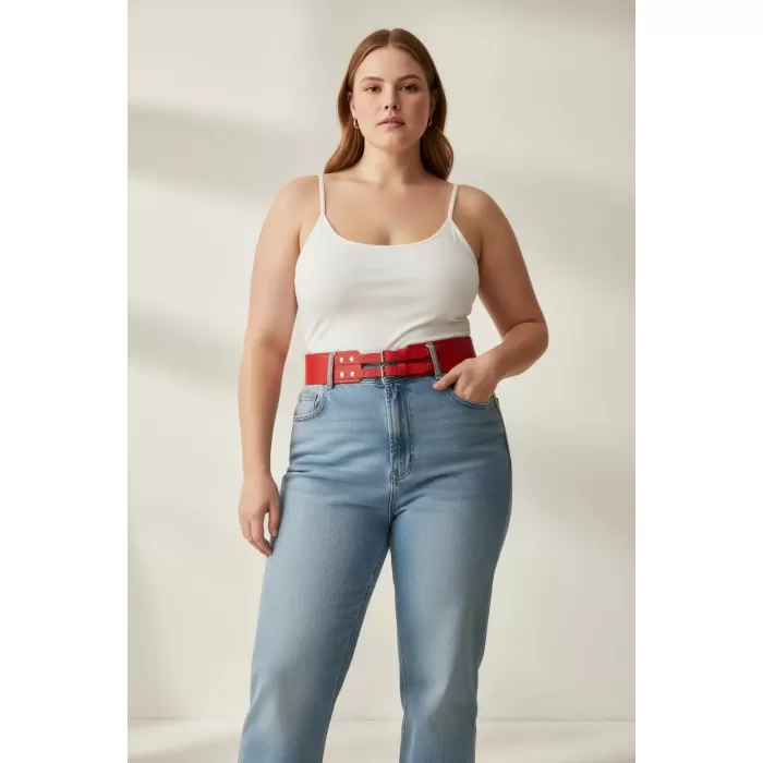 Büyük Beden Kırmızı Kadın Geniş Kemer Çift Tokalı Deri Kombin Tamamlayıcı - APFT1203