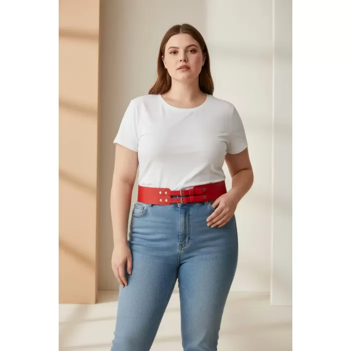 Büyük Beden Kırmızı Kadın Geniş Kemer Çift Tokalı Deri Kombin Tamamlayıcı - APFT1203