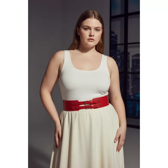 Büyük Beden Kırmızı Kadın Geniş Kemer Çift Tokalı Deri Kombin Tamamlayıcı - APFT1203