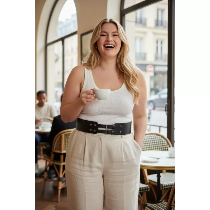 Büyük Beden Siyah Kadın Kemer Kalın Formda Çift Tokalı Zımba Detaylı - APFT1203