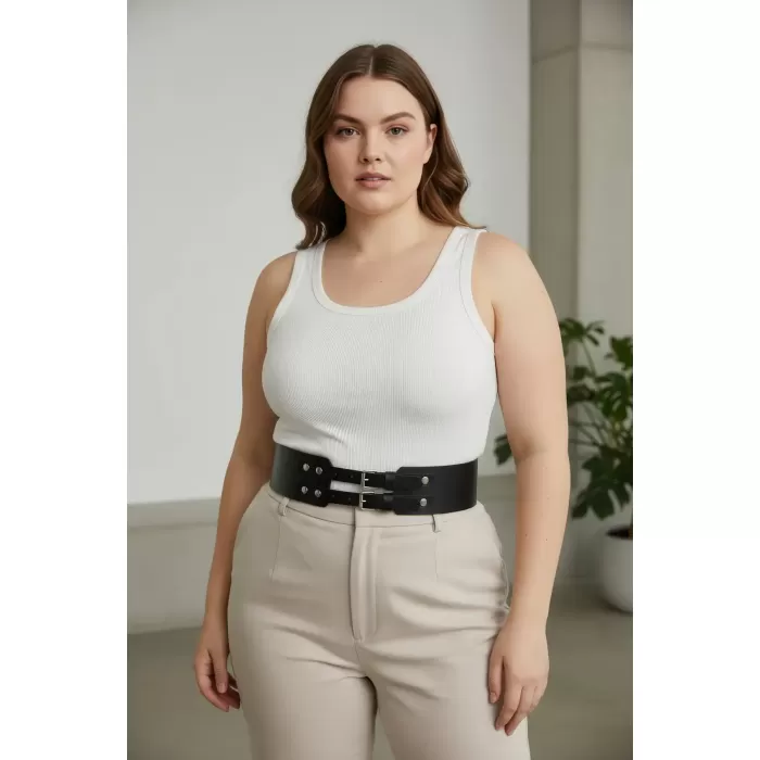 Büyük Beden Siyah Kadın Kemer Kalın Formda Çift Tokalı Zımba Detaylı - APFT1203