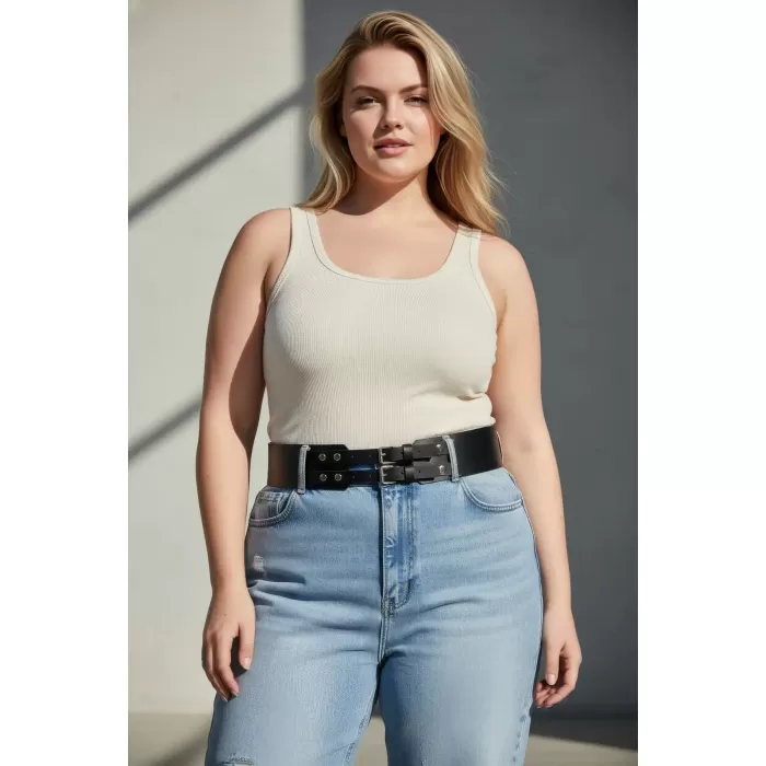 Büyük Beden Siyah Kadın Kemer Kalın Formda Çift Tokalı Zımba Detaylı - APFT1203