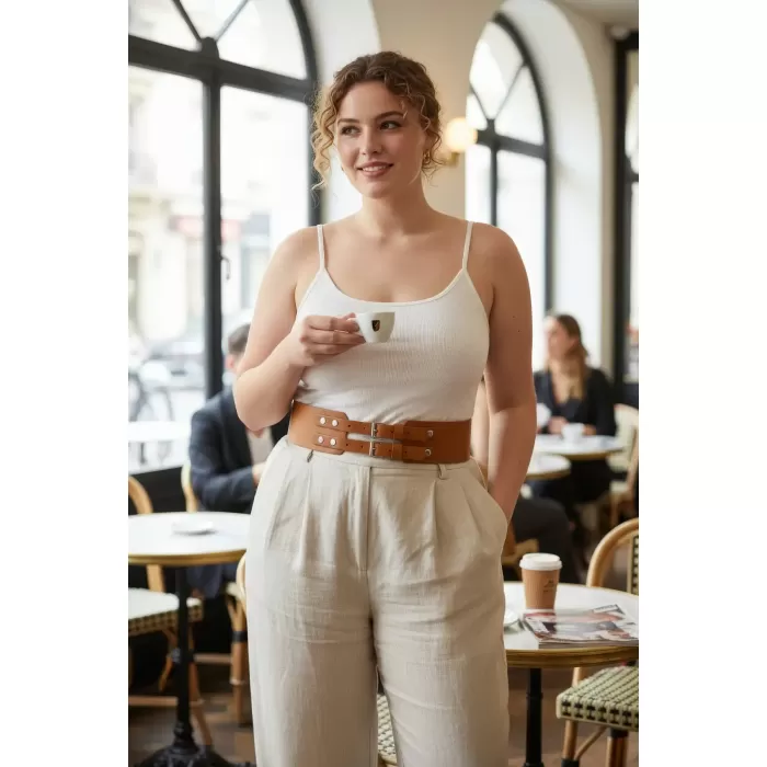 Büyük Beden Taba Kadın Kemer Hakiki Deri Geniş Formlu Çift Tokalı - APFT1203