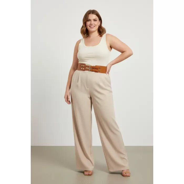 Büyük Beden Taba Kadın Kemer Hakiki Deri Geniş Formlu Çift Tokalı - APFT1203