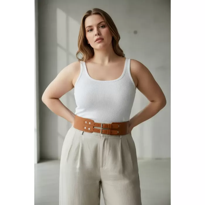 Büyük Beden Taba Kadın Kemer Hakiki Deri Geniş Formlu Çift Tokalı - APFT1203