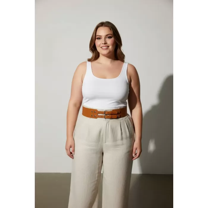 Büyük Beden Taba Kadın Kemer Hakiki Deri Geniş Formlu Çift Tokalı - APFT1203