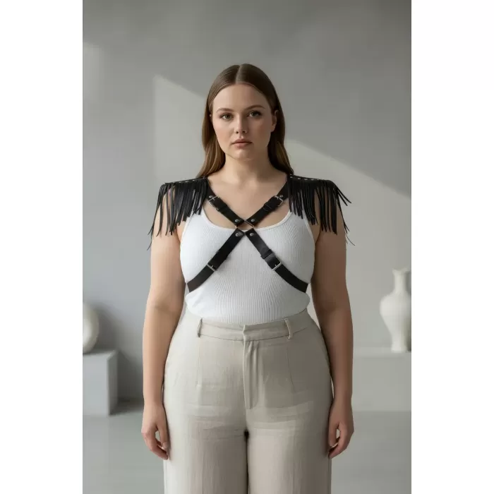 Büyük Beden Siyah Kadın Kemer Deri Harness Vücut Aksesuarı Omuz Püskül Detaylı - APFT1240