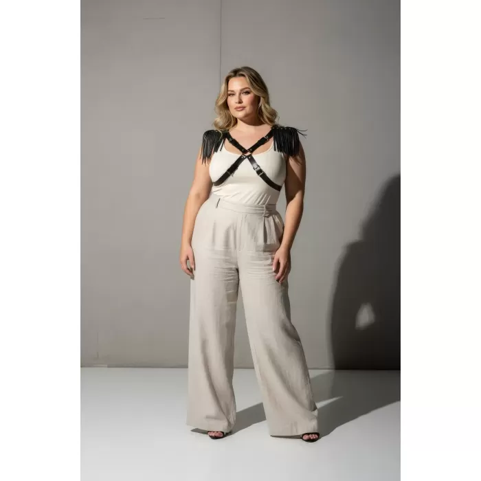 Büyük Beden Siyah Kadın Kemer Deri Harness Vücut Aksesuarı Omuz Püskül Detaylı - APFT1240