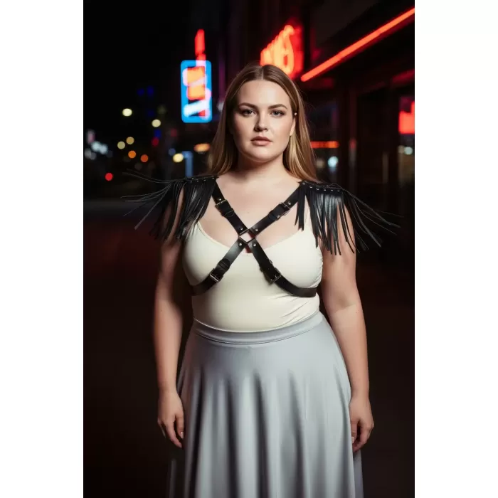 Büyük Beden Siyah Kadın Kemer Deri Harness Vücut Aksesuarı Omuz Püskül Detaylı - APFT1240