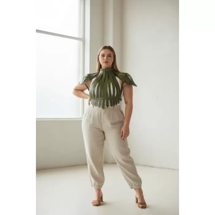 Büyük Beden Haki Kadın Kemer Korse Görünümlü Deri Vücut Aksesuarı - APFT1257