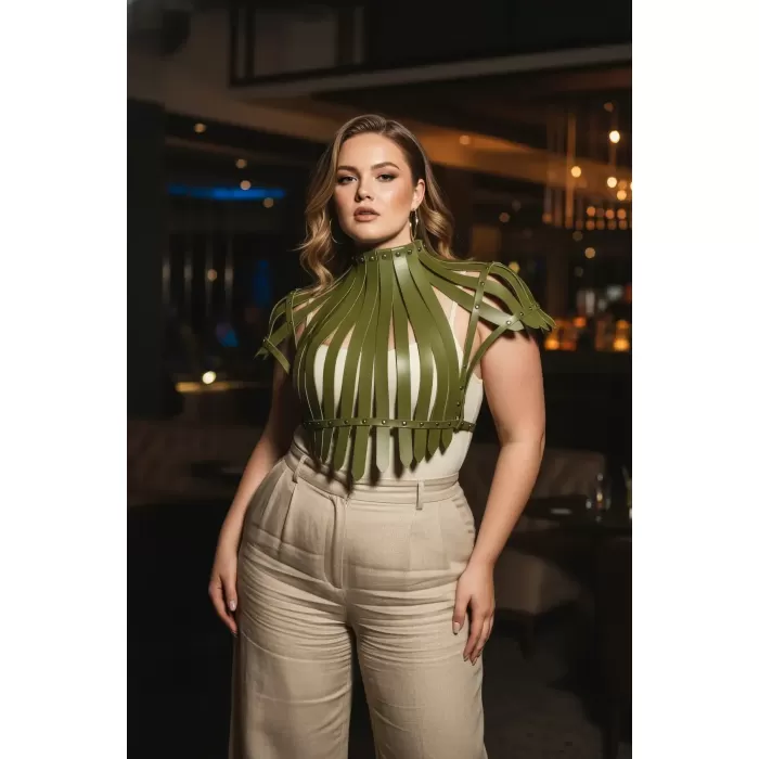 Büyük Beden Haki Kadın Kemer Korse Görünümlü Deri Vücut Aksesuarı - APFT1257