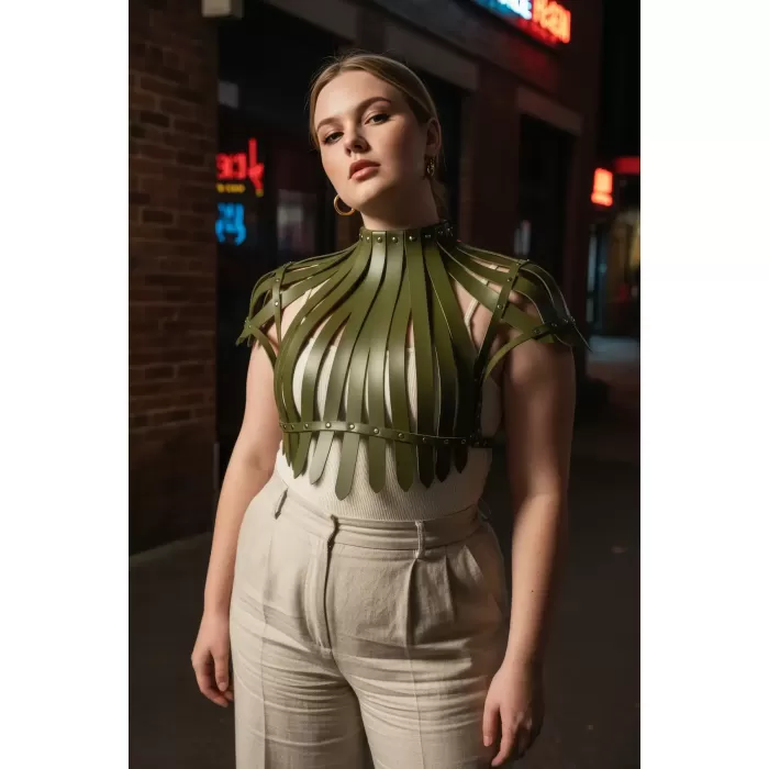 Büyük Beden Haki Kadın Kemer Korse Görünümlü Deri Vücut Aksesuarı - APFT1257
