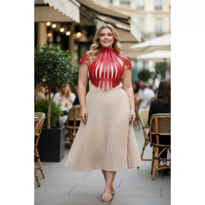 Büyük Beden Kırmızı Kadın Kemer İddialı Deri Askılı Vücut Aksesuarı - APFT1257