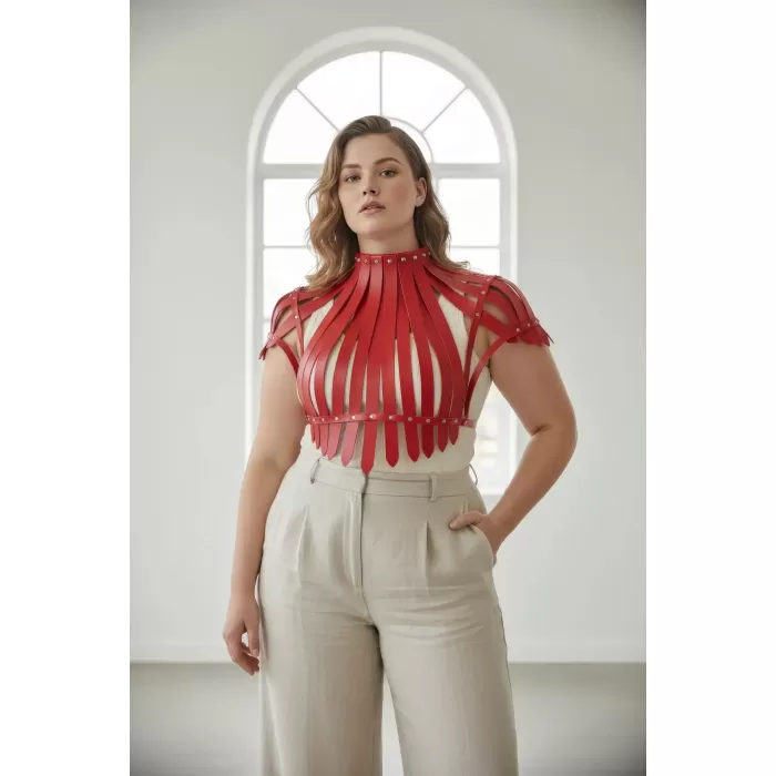 Büyük Beden Kırmızı Kadın Kemer İddialı Deri Askılı Vücut Aksesuarı - APFT1257