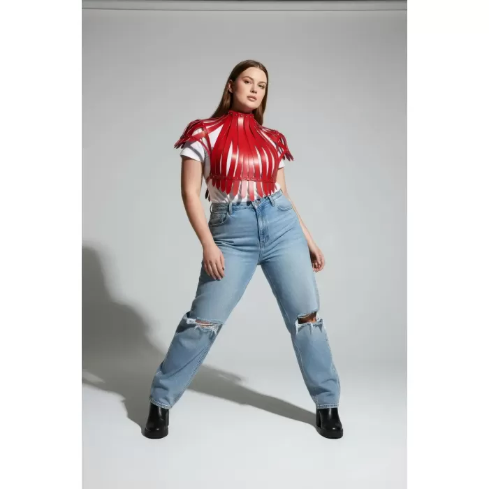 Büyük Beden Kırmızı Kadın Kemer İddialı Deri Askılı Vücut Aksesuarı - APFT1257