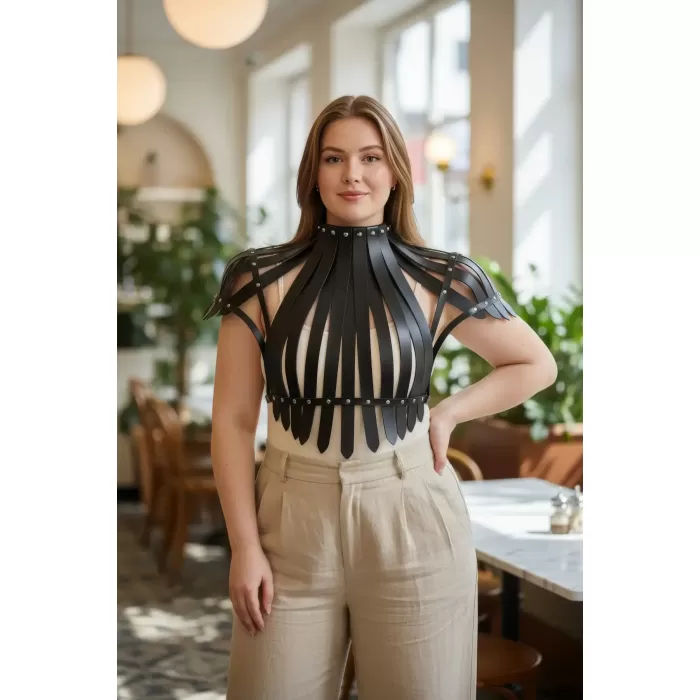 Büyük Beden Siyah Kadın Deri Kemer Korse Tarzı Zımba Detaylı Vücut Aksesuarı - APFT1257