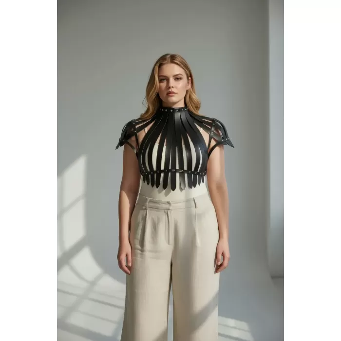 Büyük Beden Siyah Kadın Deri Kemer Korse Tarzı Zımba Detaylı Vücut Aksesuarı - APFT1257