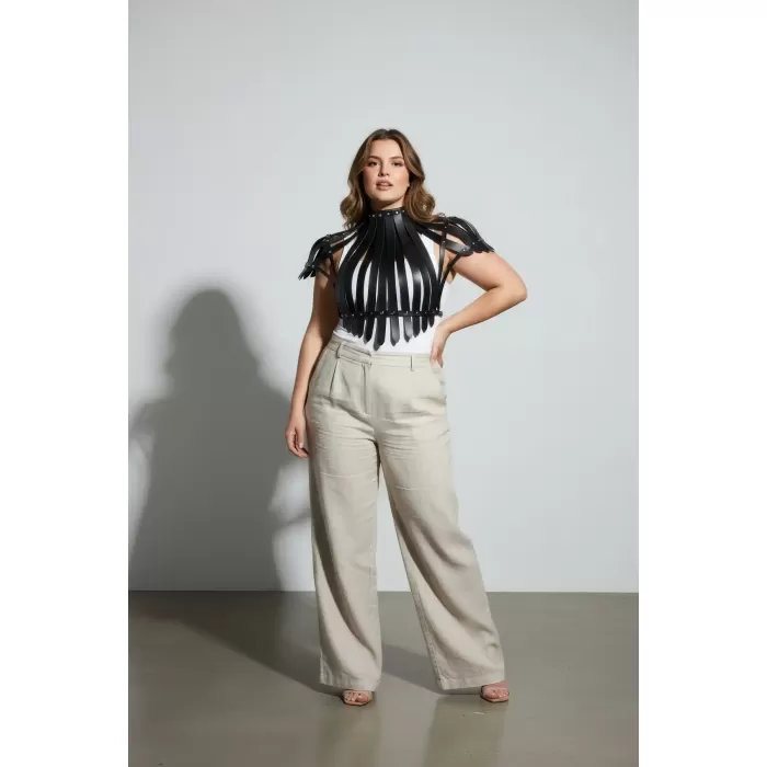 Büyük Beden Siyah Kadın Deri Kemer Korse Tarzı Zımba Detaylı Vücut Aksesuarı - APFT1257