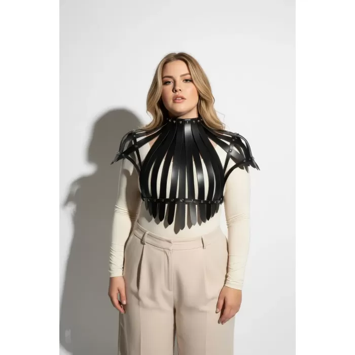 Büyük Beden Siyah Kadın Deri Kemer Korse Tarzı Zımba Detaylı Vücut Aksesuarı - APFT1257