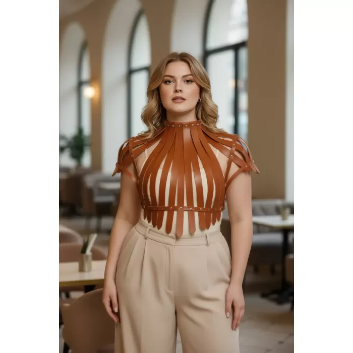 Büyük Beden Taba Kadın Kemer Omuzdan Askılı Zımba Detaylı Korse Tasarım - APFT1257