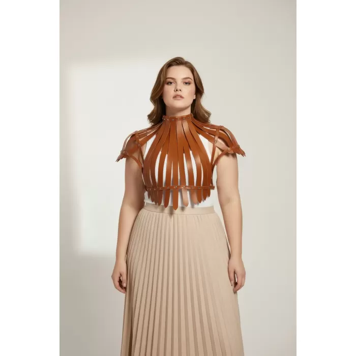 Büyük Beden Taba Kadın Kemer Omuzdan Askılı Zımba Detaylı Korse Tasarım - APFT1257