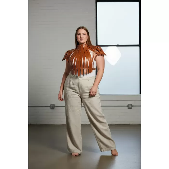 Büyük Beden Taba Kadın Kemer Omuzdan Askılı Zımba Detaylı Korse Tasarım - APFT1257