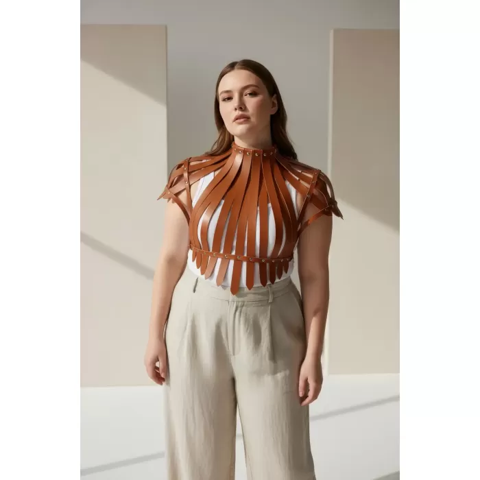 Büyük Beden Taba Kadın Kemer Omuzdan Askılı Zımba Detaylı Korse Tasarım - APFT1257