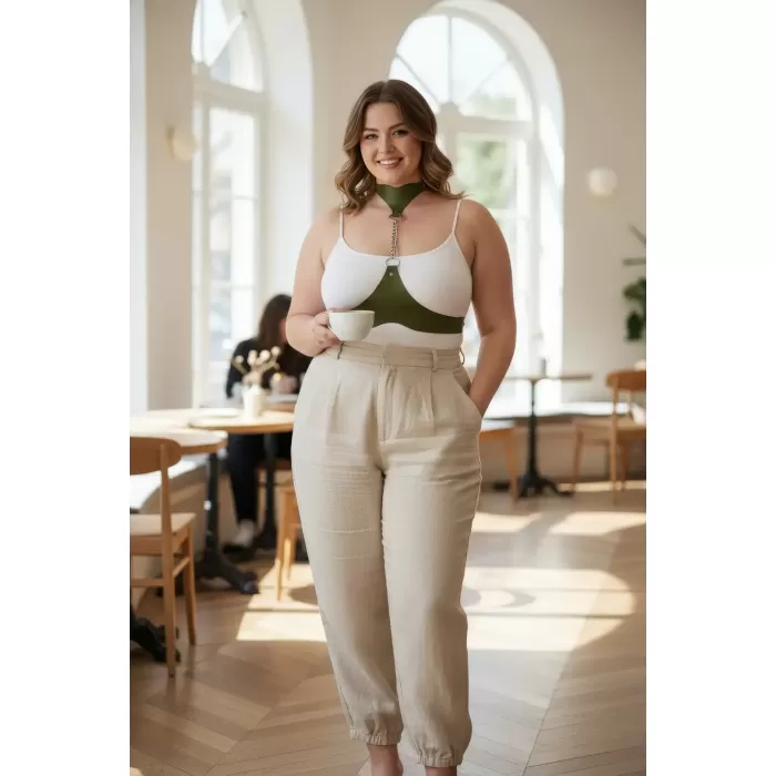 Büyük Beden Haki Kadın Kemer Deri Harness Zincir Detaylı Vücut Aksesuarı - APFT1265