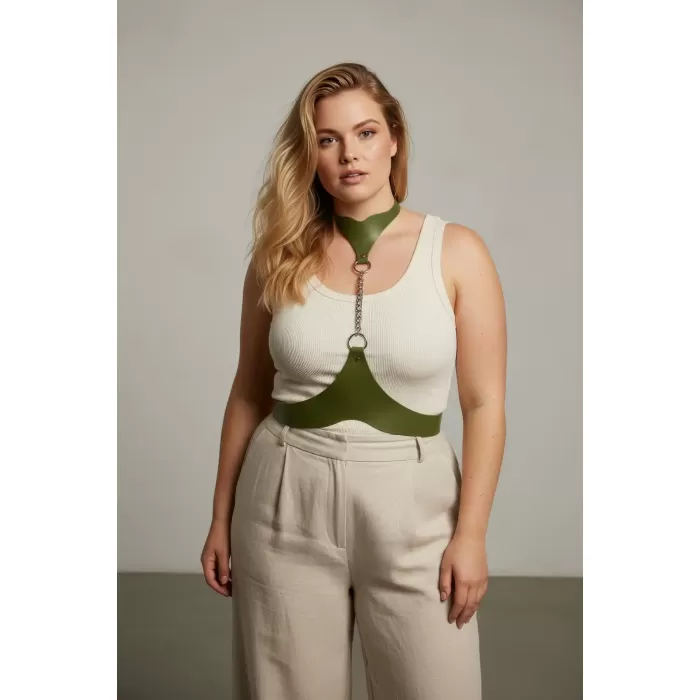 Büyük Beden Haki Kadın Kemer Deri Harness Zincir Detaylı Vücut Aksesuarı - APFT1265