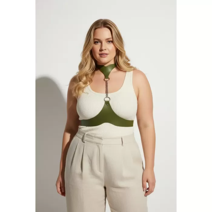 Büyük Beden Haki Kadın Kemer Deri Harness Zincir Detaylı Vücut Aksesuarı - APFT1265