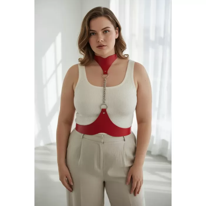 Büyük Beden Kırmızı Kadın Kemer Zincir Detaylı Deri Vücut Aksesuarı - APFT1265