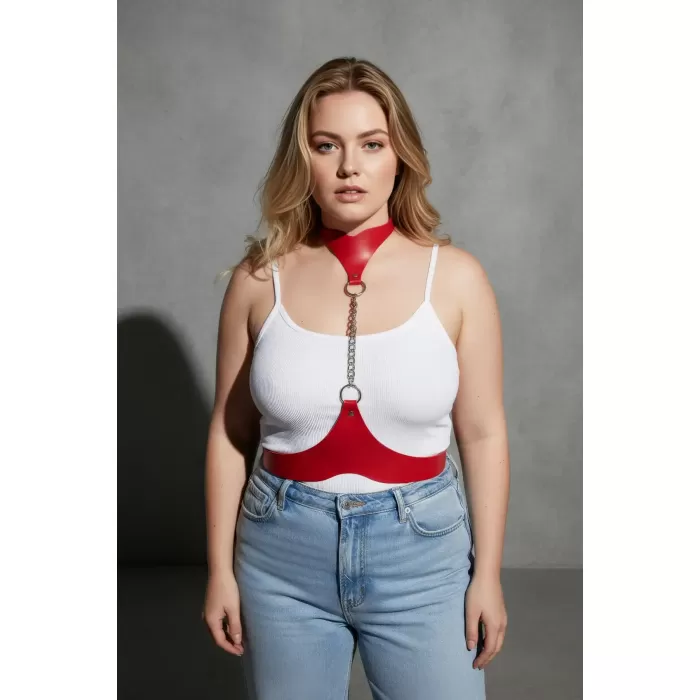 Büyük Beden Kırmızı Kadın Kemer Zincir Detaylı Deri Vücut Aksesuarı - APFT1265