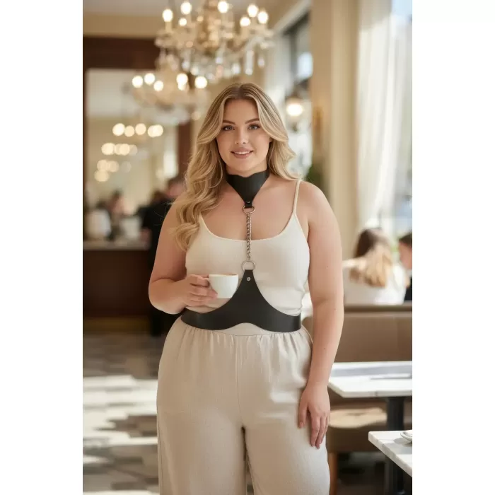 Büyük Beden Siyah Kadın Deri Vücut Kemeri Zincir Detaylı Kombin Aksesuarı - APFT1265