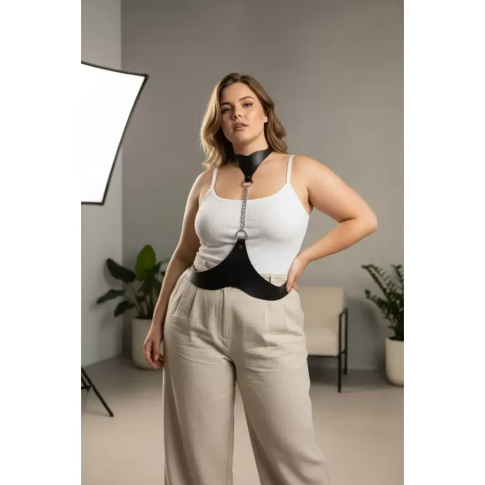 Büyük Beden Siyah Kadın Deri Vücut Kemeri Zincir Detaylı Kombin Aksesuarı - APFT1265