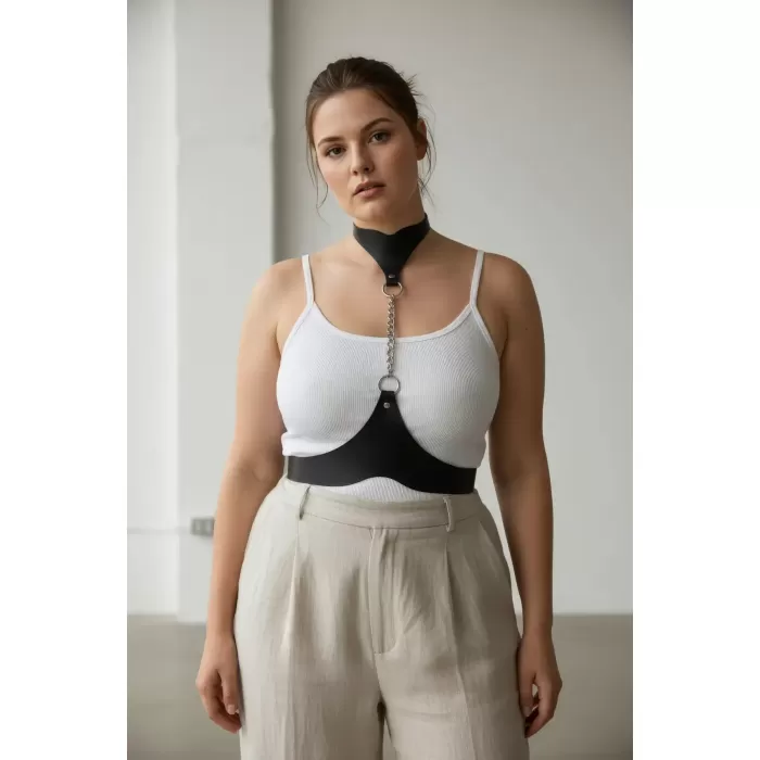 Büyük Beden Siyah Kadın Deri Vücut Kemeri Zincir Detaylı Kombin Aksesuarı - APFT1265