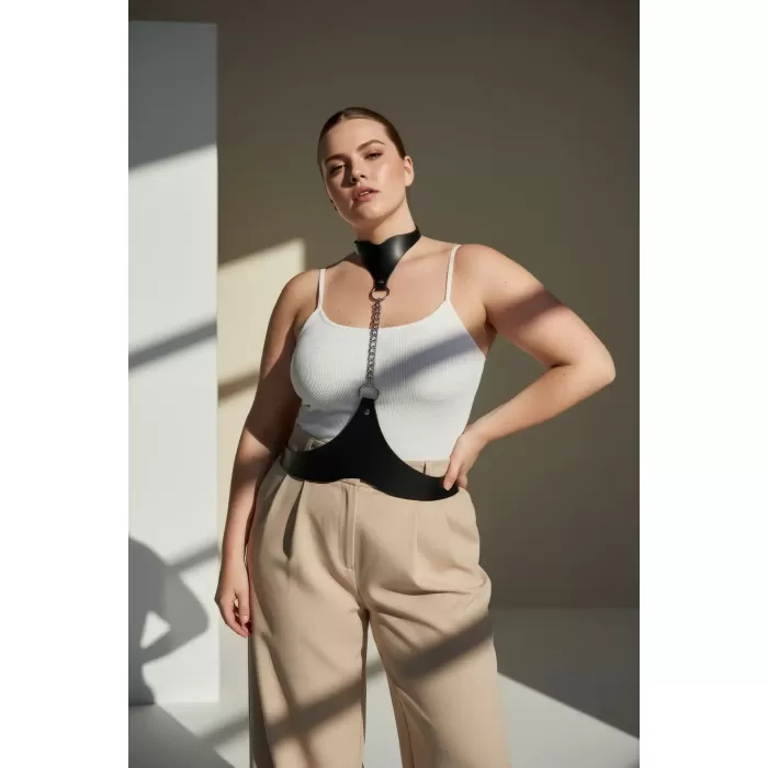 Büyük Beden Siyah Kadın Deri Vücut Kemeri Zincir Detaylı Kombin Aksesuarı - APFT1265