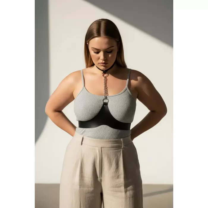 Büyük Beden Siyah Kadın Deri Vücut Kemeri Zincir Detaylı Kombin Aksesuarı - APFT1265