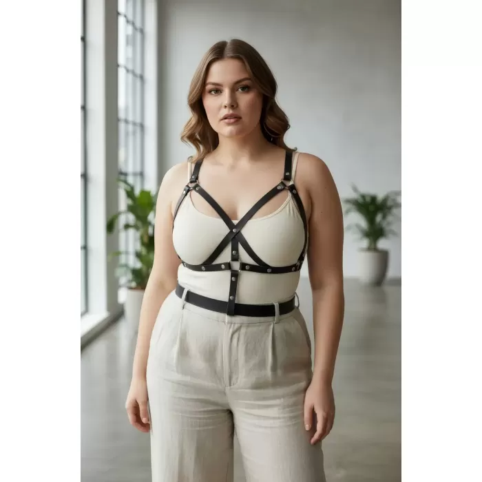 Büyük Beden Siyah Kadın Kemer Harness Detaylı Deri Vücut Aksesuarı - APFT1294