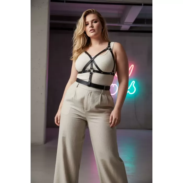 Büyük Beden Siyah Kadın Kemer Harness Detaylı Deri Vücut Aksesuarı - APFT1294