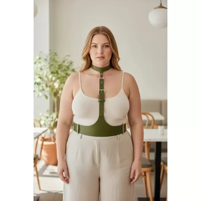 Büyük Beden Haki Kadın Kemer, Korse Görünümlü Deri Harness Vücut Aksesuarı - APFT1297