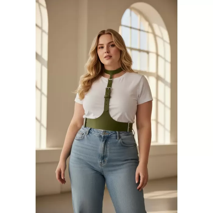 Büyük Beden Haki Kadın Kemer, Korse Görünümlü Deri Harness Vücut Aksesuarı - APFT1297