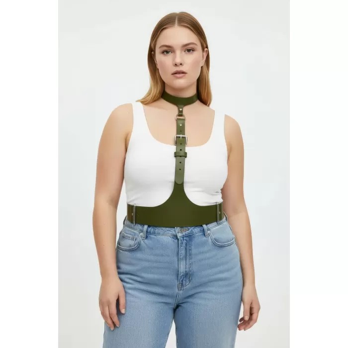 Büyük Beden Haki Kadın Kemer, Korse Görünümlü Deri Harness Vücut Aksesuarı - APFT1297