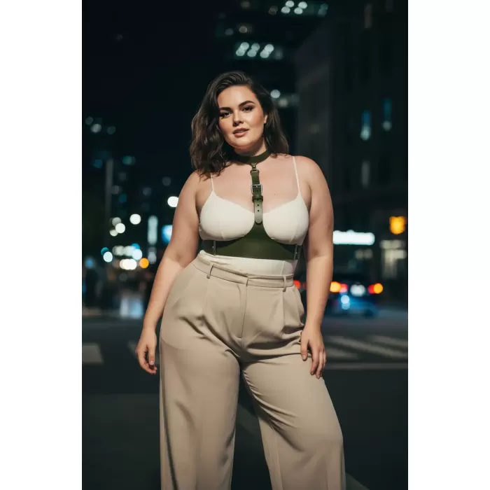 Büyük Beden Haki Kadın Kemer, Korse Görünümlü Deri Harness Vücut Aksesuarı - APFT1297