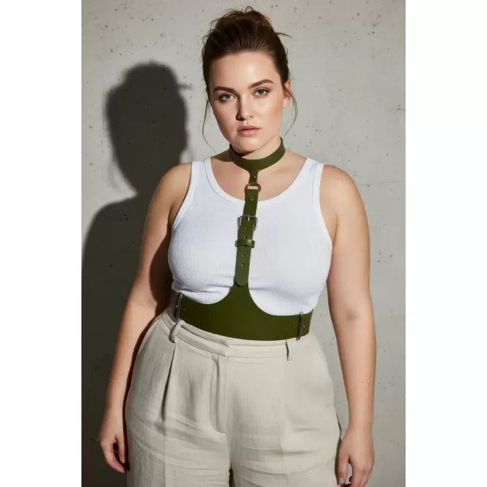 Büyük Beden Haki Kadın Kemer, Korse Görünümlü Deri Harness Vücut Aksesuarı - APFT1297