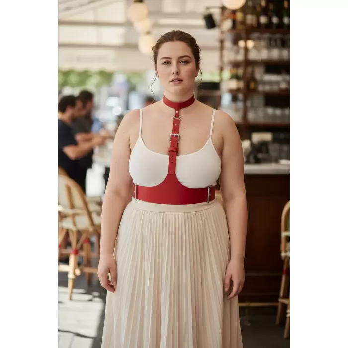 Büyük Beden Kırmızı Kadın Kemer Askılı Korse Stil Deri Aksesuar - APFT1297