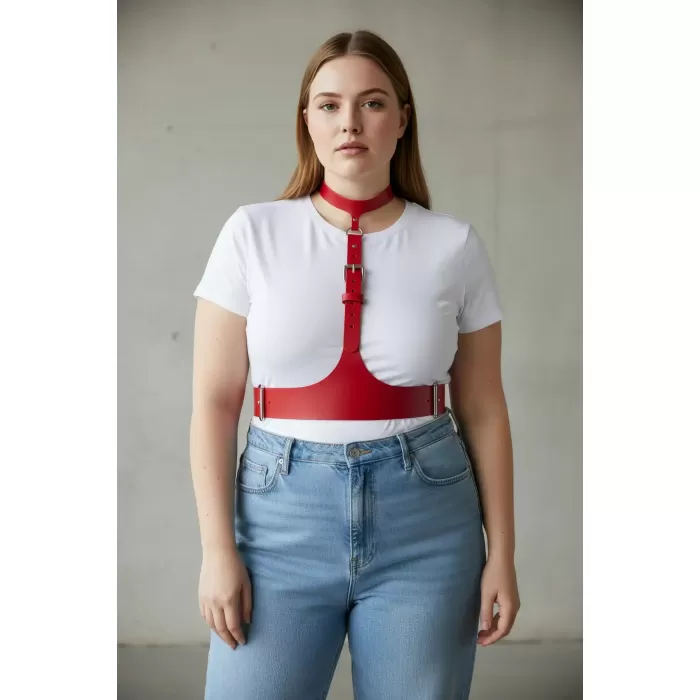 Büyük Beden Kırmızı Kadın Kemer Askılı Korse Stil Deri Aksesuar - APFT1297