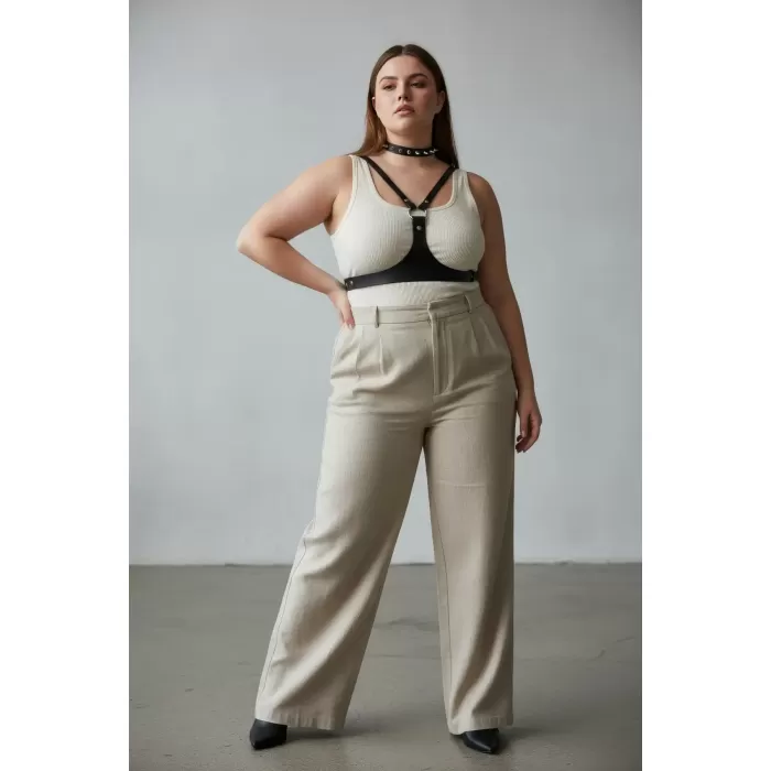 Büyük Beden Siyah Kadın Kemer Zımba Detaylı Deri Harness Vücut Aksesuarı - APFT1299