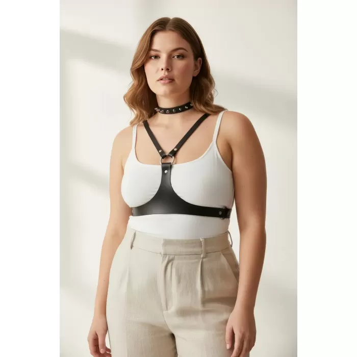Büyük Beden Siyah Kadın Kemer Zımba Detaylı Deri Harness Vücut Aksesuarı - APFT1299