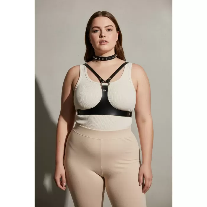 Büyük Beden Siyah Kadın Kemer Zımba Detaylı Deri Harness Vücut Aksesuarı - APFT1299